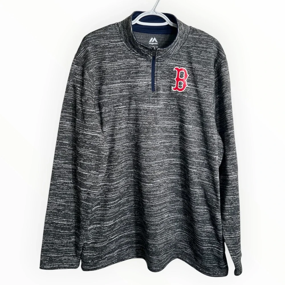 Majestic Boston Red Sox Mens XL Quarter Zip Pullover Space Dye Gray Fleece 7R13